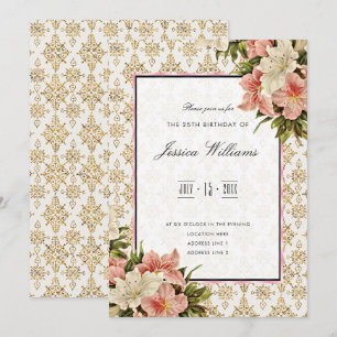 Chic Spring Bouquets & Gold Glitter 25th Birthday Invitation