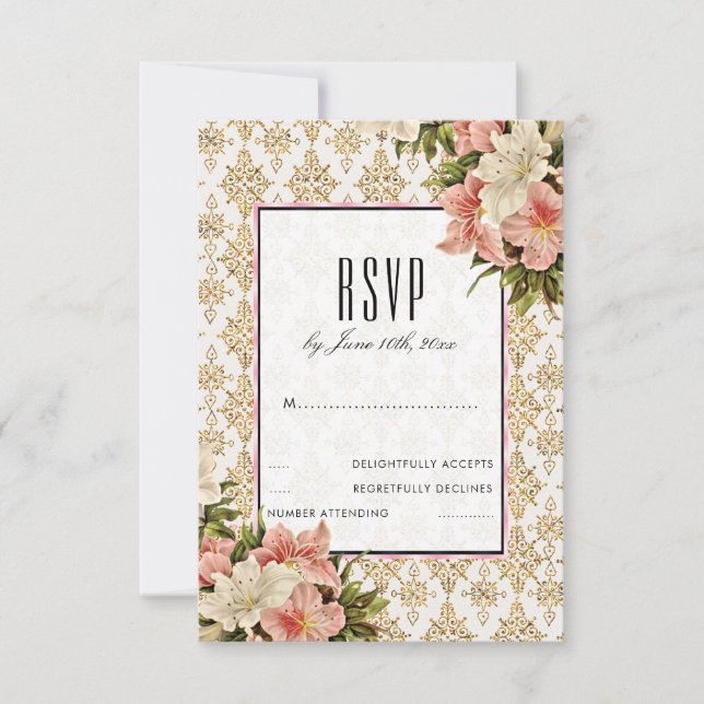 Chic Spring Bouquets & Gold Glitters  RSVP Card (Front)