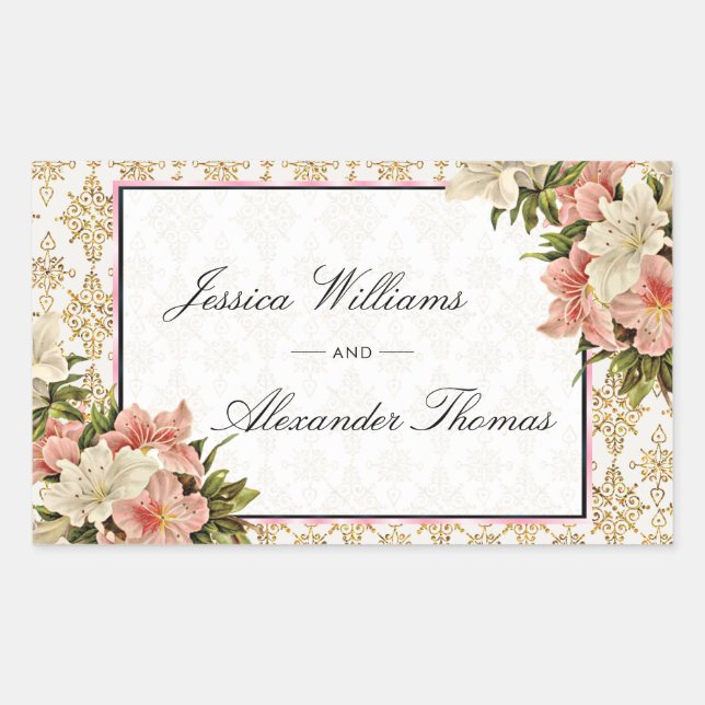 Chic Spring Bouquets & Gold Glitters Wedding Sticker (Front)