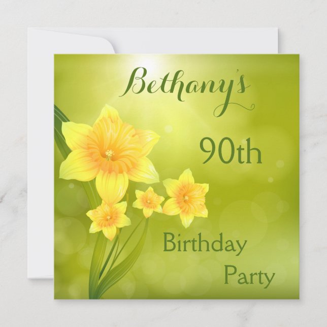Chic Spring Daffodils Bokeh 90th Birthday Party Invitation (Front)