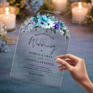 Chic spring dusty blue purple floral wedding arch acrylic invitations
