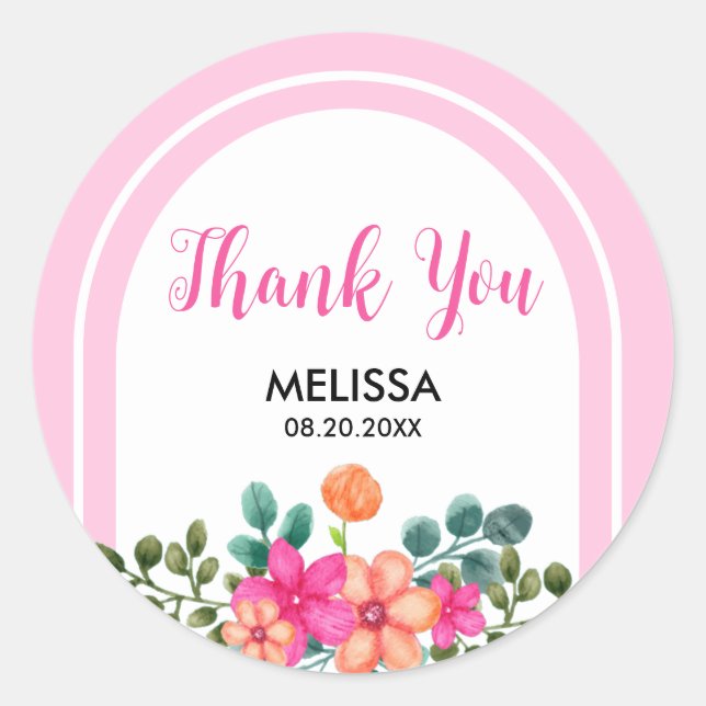 Chic Spring Flora Greenery Soft Pink Thank You Classic Round Sticker (Front)