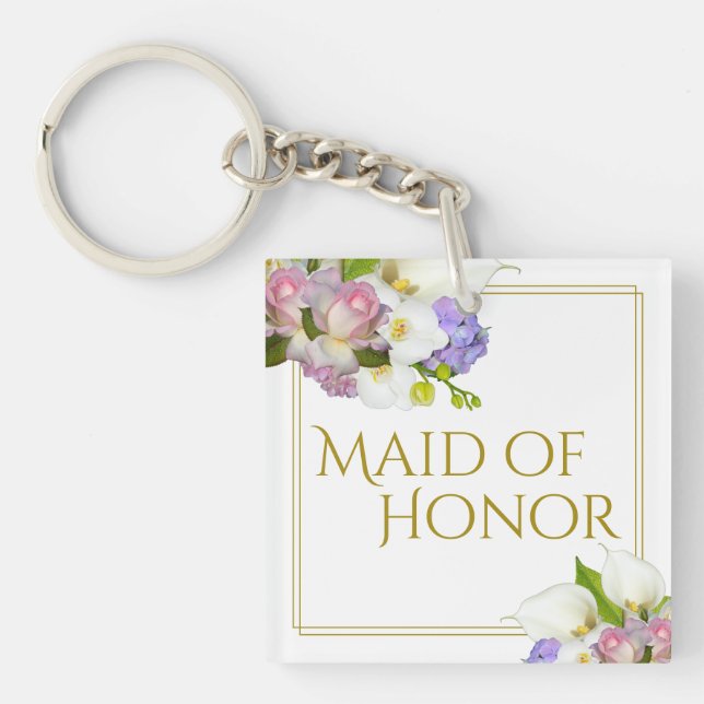 Chic Spring Floral Maid of Honour Wedding Favour Keychain (Front)