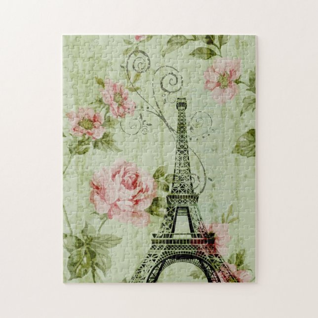chic spring mint pink floral paris eiffel tower jigsaw puzzle (Vertical)