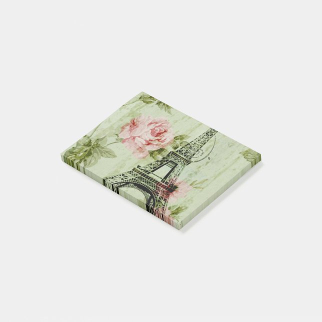 chic spring mint pink floral paris eiffel tower post-it notes (Angled)