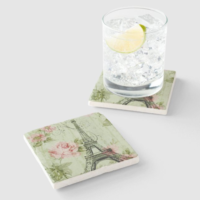 chic spring mint pink floral paris eiffel tower stone coaster (Side)