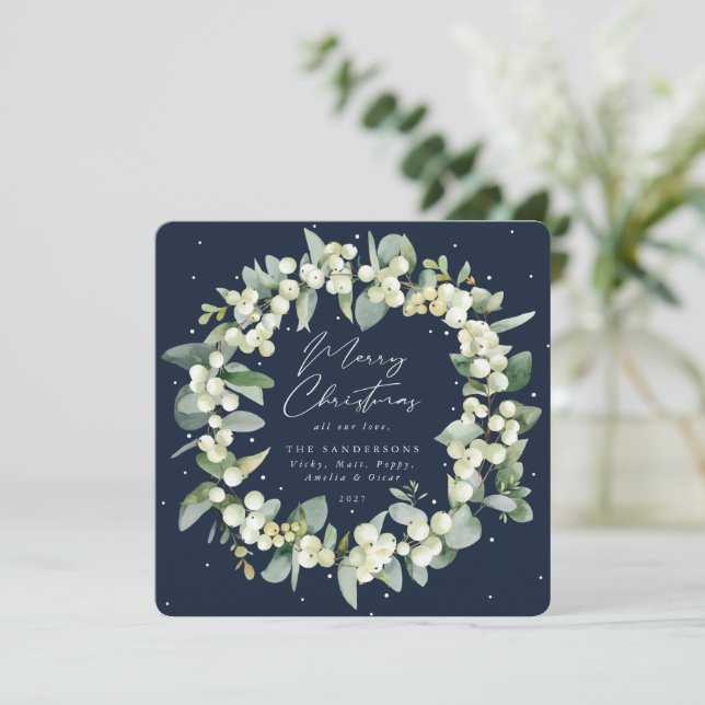 Chic Square Snowberry+Eucalyptus Christmas Wreath Holiday Card (Standing Front)