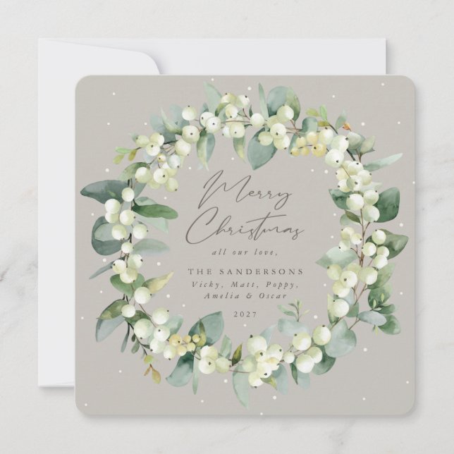 Chic Square Snowberry+Eucalyptus Christmas Wreath Holiday Card (Front)
