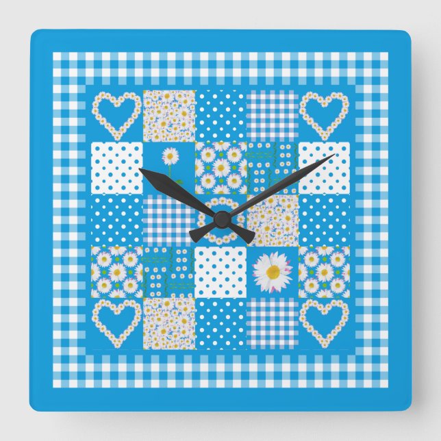 Chic Square Wall Clock: Daisychains Faux Patchwork Square Wall Clock (Front)