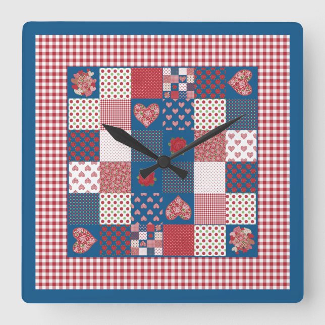 Chic Square Wall Clock, Faux-Patchwork, Gingham Clock (Front)