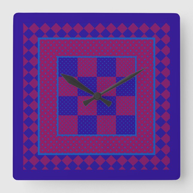 Chic Square Wall Clock, Purple, Blue, Plum Polkas Clock (Front)