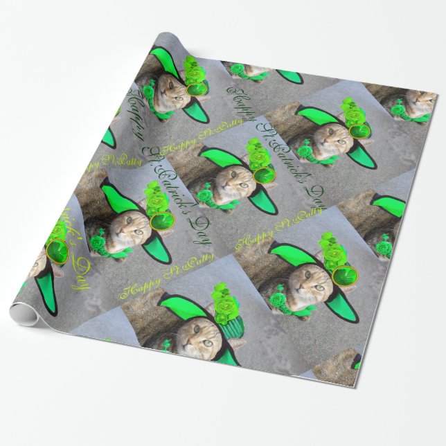 CHIC ST.PATRICK'S DAY CAT WITH HAT,GREEN ROSES, WRAPPING PAPER (Unrolled)