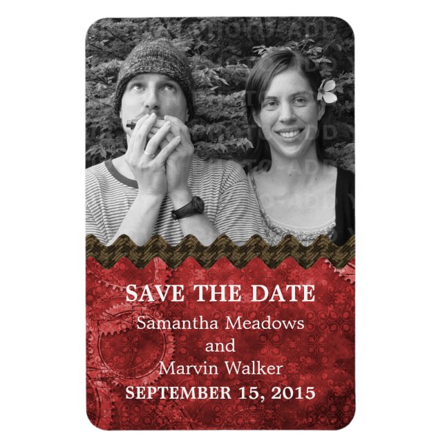 Chic Steampunk Photo Save the Date Magnet, Red Magnet (Vertical)