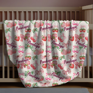 chic strawberries coquette bow repeating name pink fleece blanket