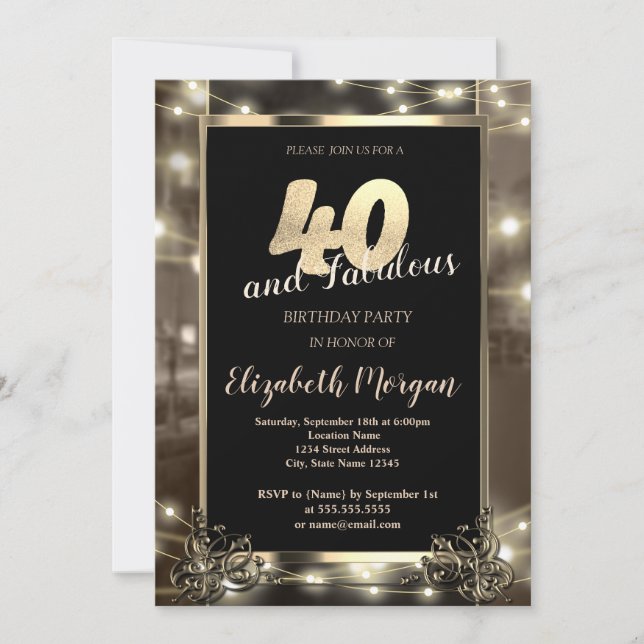 Chic String Lights 40th Birthday Party Invitation (Front)