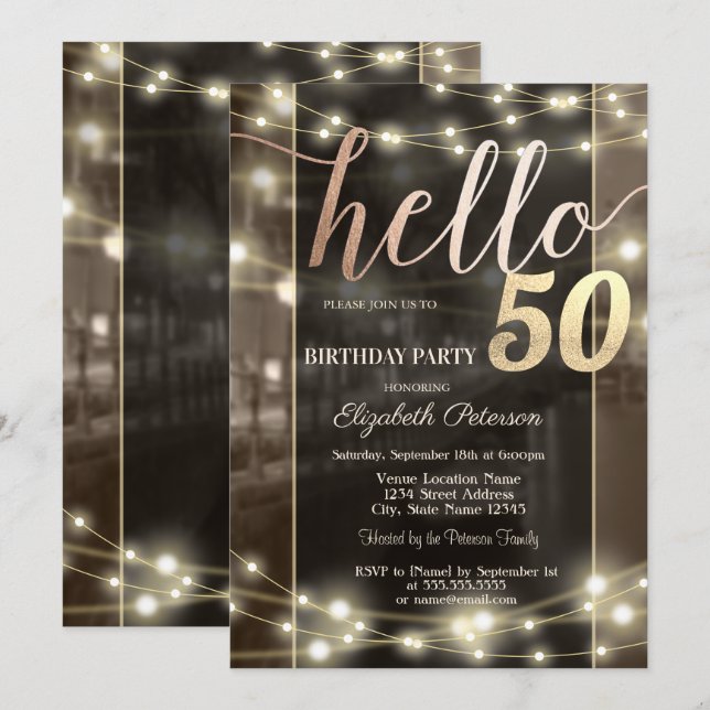 Chic String Lights Black 50th Birthday Party Invitation (Front/Back)