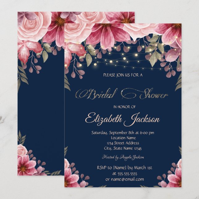 Chic String Lights Floral Navy Blue Bridal Shower Invitation (Front/Back)
