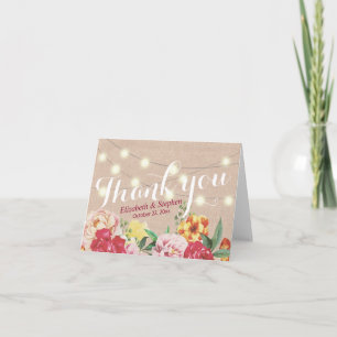 Chic String Lights Linen Floral Wedding Thank You Card