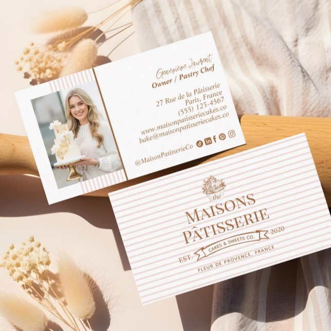 Chic Stripe Floral Cupcake Pastry Cake Bakery Shop Business Card (Chic Stripe Floral Cupcake Pastry Cake Bakery Shop Business Card)