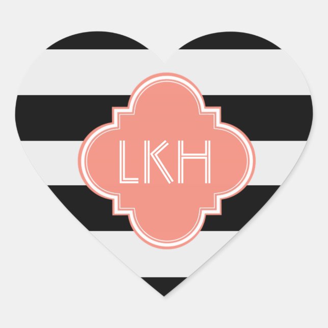 Chic Stripe & Three Monogram Heart Sticker (Front)