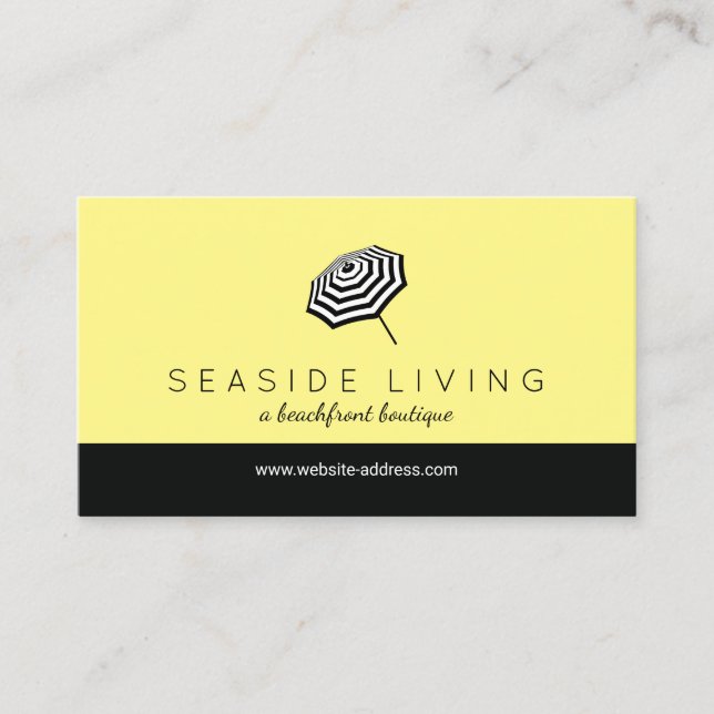 Chic Striped Beach Umbrella Logo Yellow Business Card (Front)