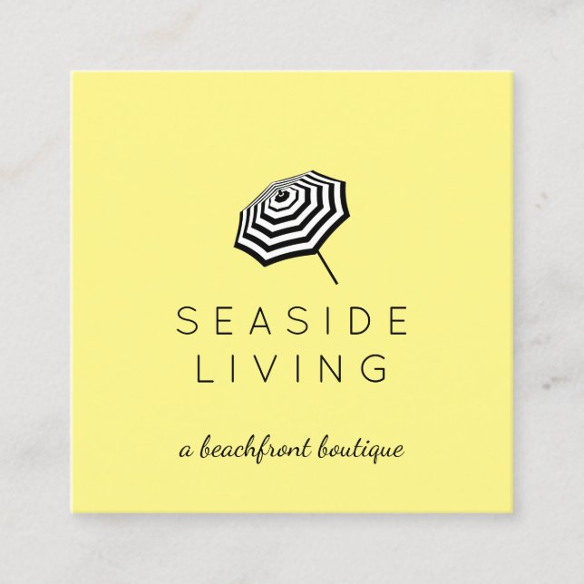 Chic Striped Beach Umbrella Logo Yellow Square Business Card (Front)