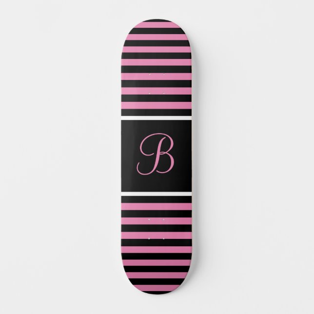 Chic Striped Pink and Black Custom Initial Letter Skateboard (Front)