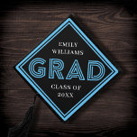 Chic Stripes Black   Blue Type Grad Graduation Cap Topper<br><div class="desc">This modern graduation cap topper features modern blue typography and striped frame over a black background. All colours are customizable!</div>