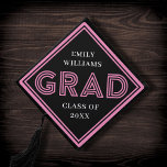 Chic Stripes Black   Pink Type Grad Graduation Cap Topper<br><div class="desc">This modern graduation cap topper features modern pink typography and striped frame over a black background. All colours are customizable!</div>
