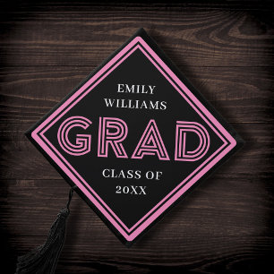 Chic Stripes Black + Pink Type Grad Graduation Cap Topper