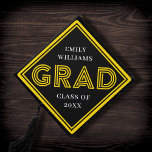 Chic Stripes Black   Yellow Type Grad Graduation Cap Topper<br><div class="desc">This modern graduation cap topper features modern yellow typography and striped frame over a black background. All colours are customizable!</div>