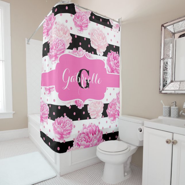Chic Stripes Pink Watercolor Floral Monogram (In Situ)