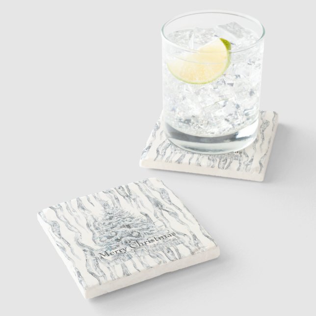 Chic Stripes Silver Christmas Tree Stone Coaster (Side)
