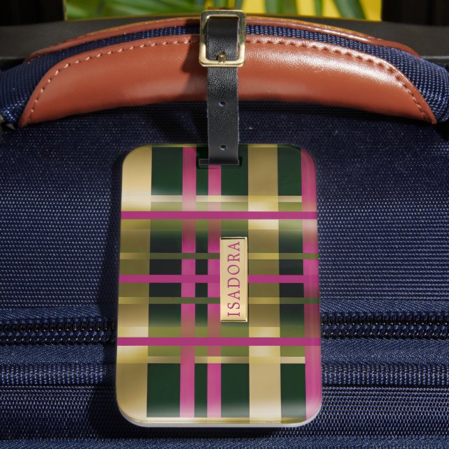 Chic & Stylish Fuchsia Green Plaid Personalized  Luggage Tag (Front Insitu 2)