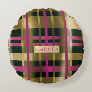 Chic & Stylish Fuchsia Green Plaid Personalized  Round Pillow