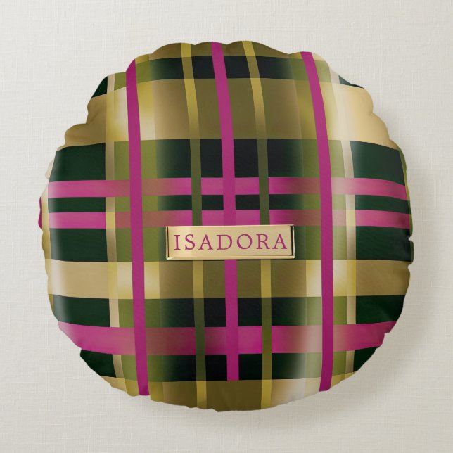 Chic & Stylish Fuchsia Green Plaid Personalized  Round Pillow (Front)