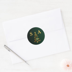 Chic Stylish Gold Christmas Tree Monogram Wedding Classic Round Sticker