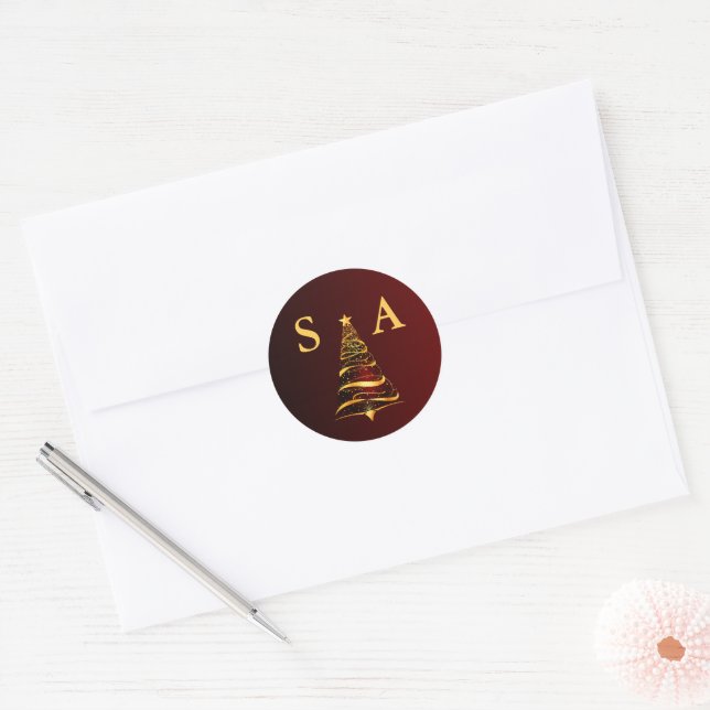 Chic Stylish Gold Christmas Tree Monogram Wedding Classic Round Sticker (Envelope)