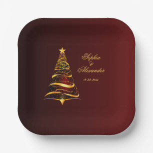 Chic Stylish Golden Christmas Tree Wedding Paper Plate