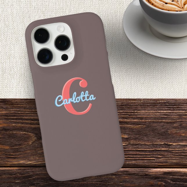 Chic Stylish Mocha Brown Monogram Initial Name Case-Mate iPhone Case (A chic phone case in mocha brown, with red and blue initial and name forming a custom monogram)