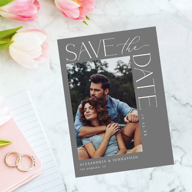 Chic Stylish Mod Photo Save the Date 2 Grey Invitation (Creator Uploaded)