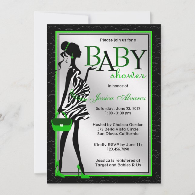 Chic Stylish Modern Mom Green Zebra Baby Shower Invitation (Front)