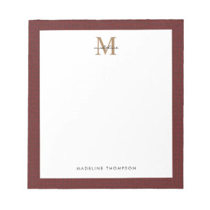 Chic Stylish Script Tweed Red Gold Monogram Notepad
