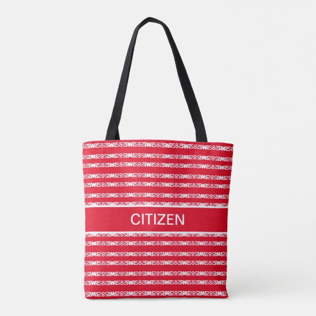 Chic stylish white striped pattern on red tote bag (Back)