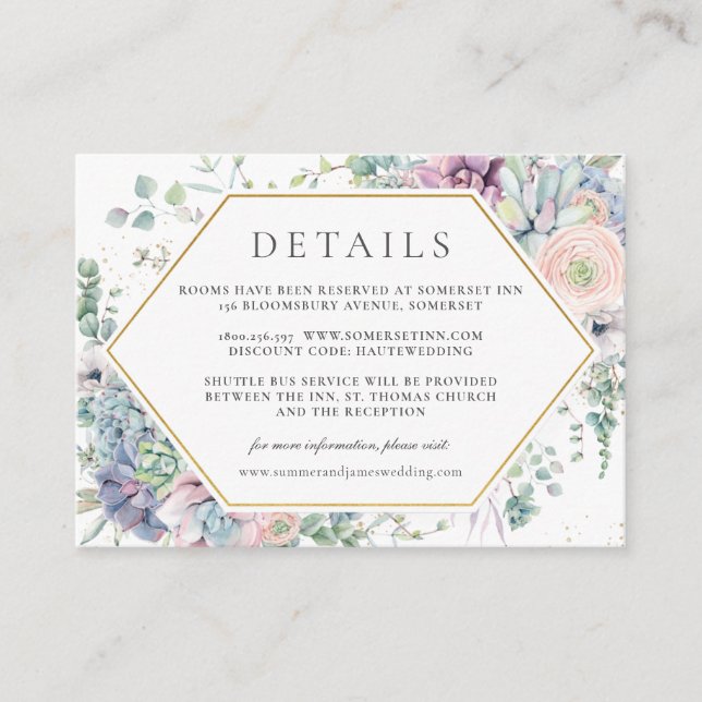 Chic Succulents Floral Greenery Wedding Details  Enclosure Card (Front)