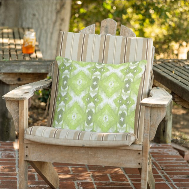 Chic Summer Lime Olive Green White Ikat Tribal Art Outdoor Pillow (Chair)