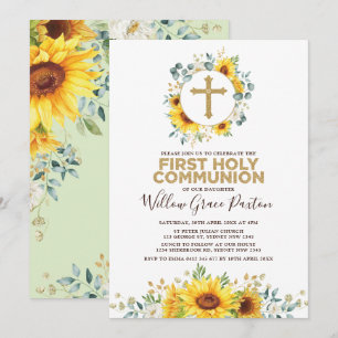 Chic Summer Sunflowers First Holy Communion Invitation