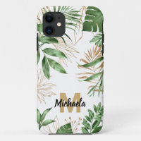 Chic Summer Tropical Greenery & Gold Monogram