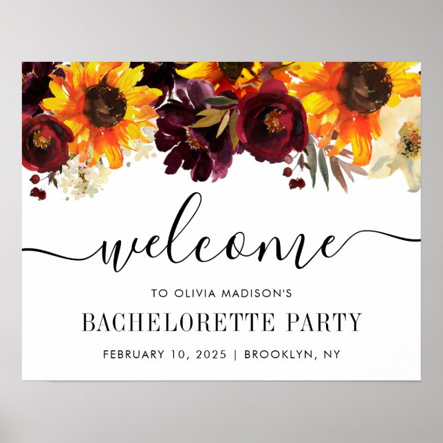 Chic Sunflower Burgundy Bachelorette Party Welcome Poster (Front)