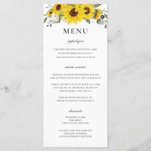Chic Sunflower Floral Greenery Wedding Menu (Front)